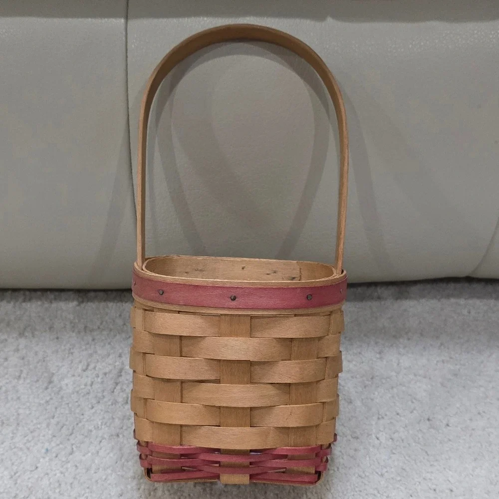 Vintage Workshops of Gerald E Henn Handwoven Wood Basket Red Trim Small Accent